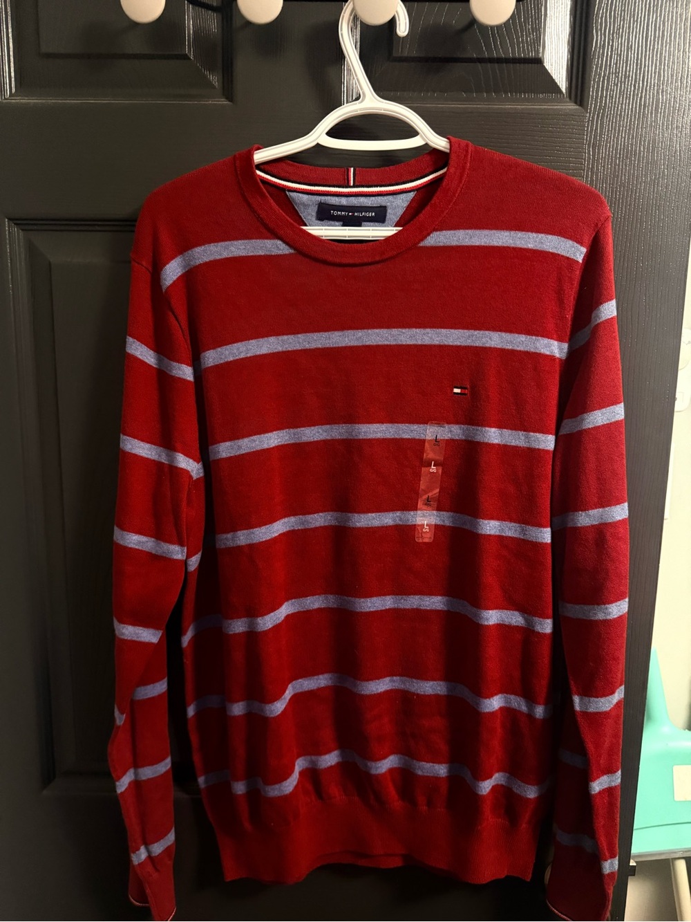 Tommy Hilfiger Red Crewneck Sweater with Light Blue Stripes